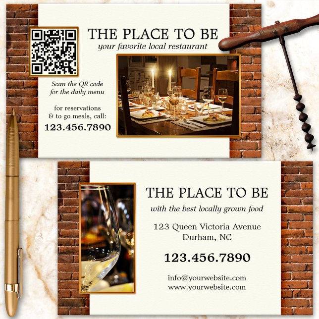Cartão de visita do Restaurante de Fotografia de C (Restaurant business card with your custom photos and QR code on a simple chic background)