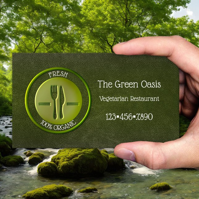 Cartão de visita do Restaurante Vegetariano de Log (Green organic vegetarian restaurant business card with faux leather)