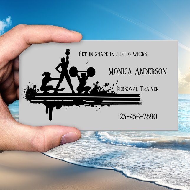 Cartão de visita do Treinador de Malhação Pessoal  (Business card featuring a silhouette of weight training on simple grey - fitness - coach - sports)