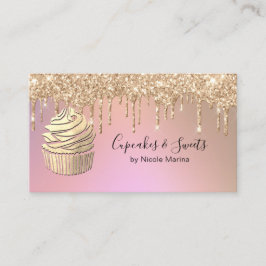 Cartão De Visita Doce de Cupcake de Lixo Dourado com Rosa de Luxo