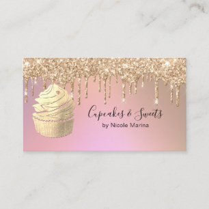 Cartão De Visita Doce de Cupcake de Lixo Dourado com Rosa de Luxo