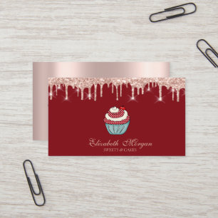 Cartão De Visita Doces Cupcake Drips Rosa Dourado Vermelho