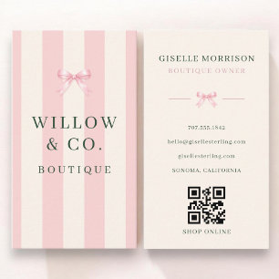 Cartão De Visita Dono de butique Código QR com laço listrado rosa e