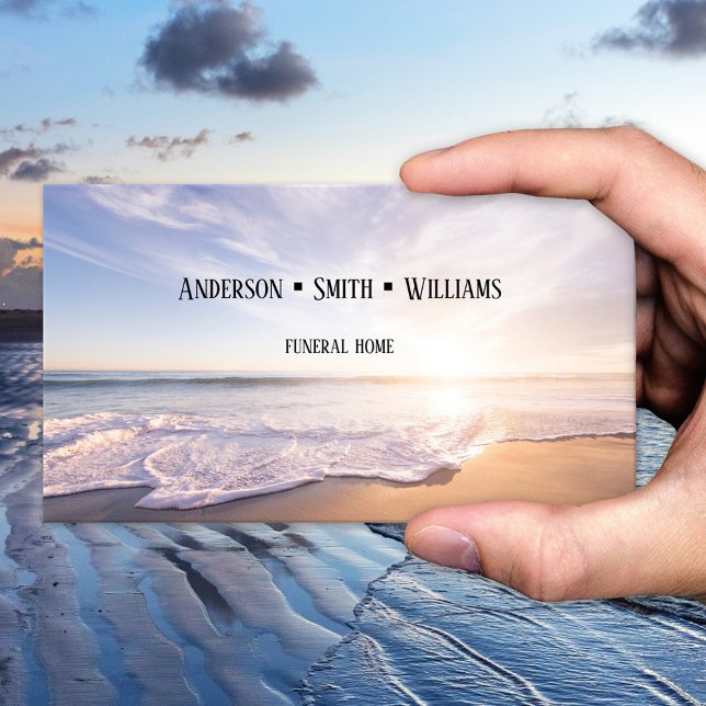 Cartão de visita dos Serviços Funerais de Praia (A business card featuring a sunset on the beach. Cremation services - undertaker - funeral home)