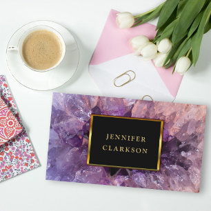 Cartão De Visita Dourada ametista roxa, gemstone, geode mineral.