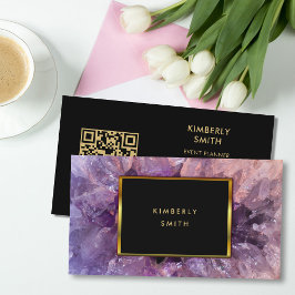 Cartão De Visita Dourada ametista roxa gemstone QR code profissiona