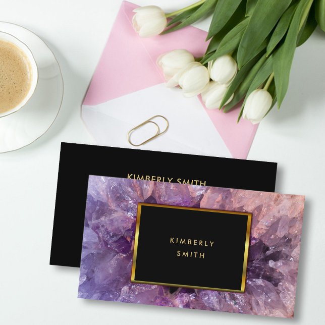 Cartão De Visita Dourada ametista roxo geode gemstone. (Elegant purple amethyst gemstone, black and gold professional business card.)