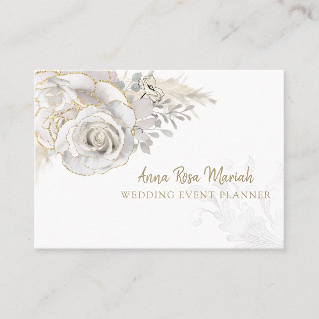 Cartão De Visita *~* Dourada Brilhante Flor Branco Flor Elegante  (Frente)