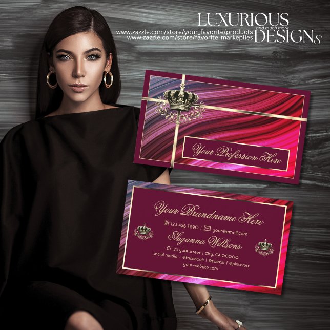 Cartão De Visita Dourada Coroa Real Rosa Brilhante Luxo e Nobre (Criador carregado)