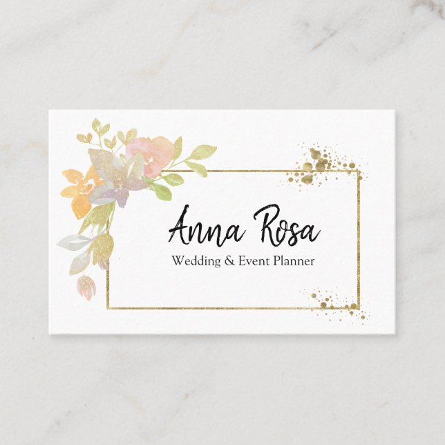 Cartão De Visita *~* Dourada Lavanda rosa flor Elegante de Aquarela (Frente)