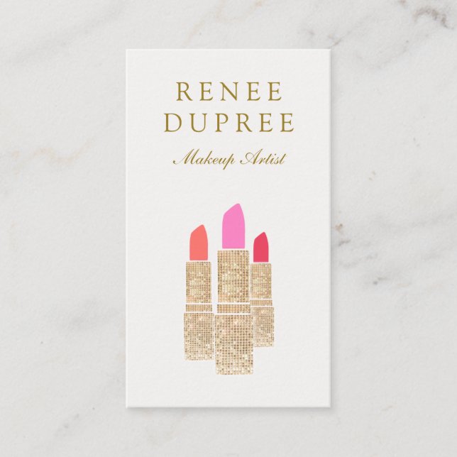 Cartão De Visita Dourada Sequin Lipstick Makeup Artista Beauty Salo (Frente)