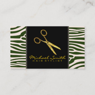 Cartão De Visita Dourada Tesoura Cabelo Estilista Moderna Zebra Pel