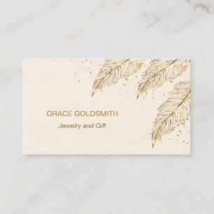 Cartão De Visita Douradas penas e joias de confete