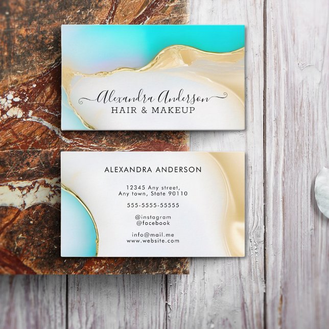 Cartão De Visita Dourado Agate Marble, Azul, Luxo, Azul (Luxury Blue White Gold Agate Marble Script Business Card)