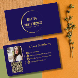 Cartão De Visita Dourado Azul Moderno, QR Code Foto Profissional