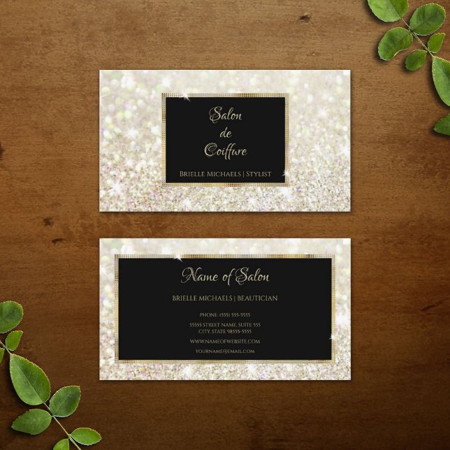 Cartão De Visita Dourado brilhante branco Elegante Preto e Salão Do (Elegant White Gold Glitter Black and Gold Salon Business Cards)