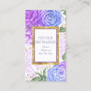 Cartão De Visita Dourado brilho e aquarela azul e púrpura