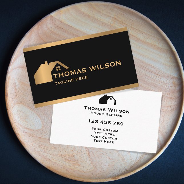 Cartão De Visita Dourado Carpinteiro de Homem de Construção Moderno (modern gold house repair logo)
