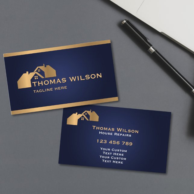 Cartão De Visita Dourado Carpinteiro de Homem de Construção Moderno (modern carpenter handyman business cards with navy blue background and gold rooftops)