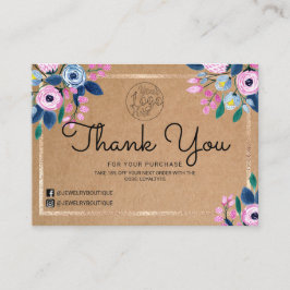 Cartão De Visita Dourado Cor De Água Rosa, Floral, Muito Obrigado