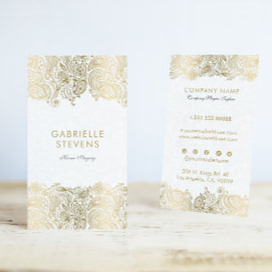 Cartão De Visita Dourado e Branco Paisley Floral Lace
