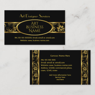 Cartão De Visita Dourado e elegante Damasco Floral Negro Simples
