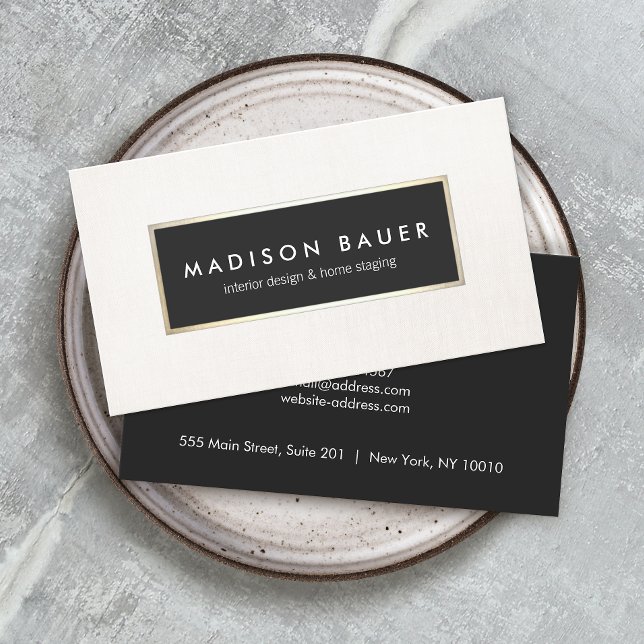 Cartão De Visita Dourado Elegante moderno, Linn Black e Beige Linen (Criador carregado)