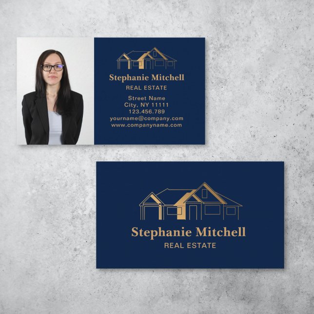 Cartão De Visita Dourado Imobiliário Profissional (simple gold house on navy background real estate business card design)