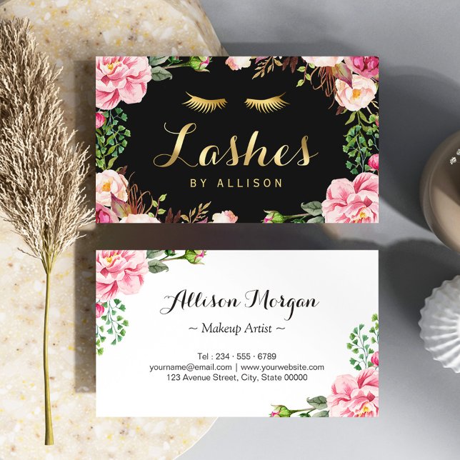Cartão De Visita Dourado letreiro Eyelashes Maquiagem Artista Rosa  (Criador carregado)