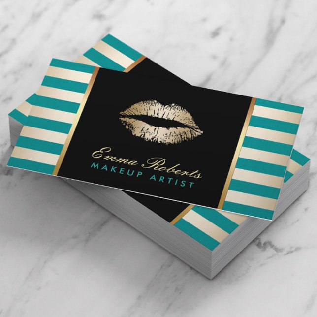 Cartão De Visita Dourado Lipstick Moderno Teal e Douradas Stripes S (Criador carregado)