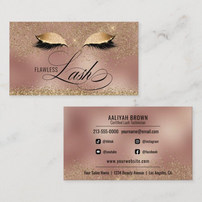 Cartão De Visita Dourado luxo e Cobre Eyelash Tech Beauty Salon (Frente/Verso)