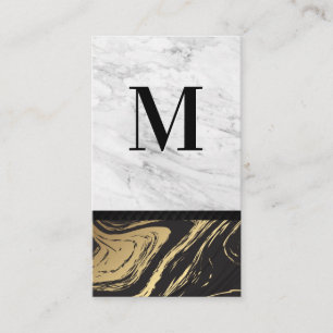 Cartão De Visita Dourado mármore preto  Monograma Marble Branco Gr
