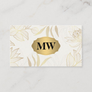 Cartão De Visita Dourado metálico   Monograma   Padrão Floral Elega