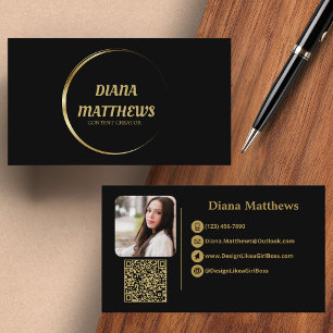 Cartão De Visita Dourado preto moderno,QR Code Foto profissional