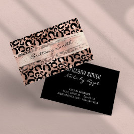 Cartão De Visita Dourado Rosa Falso com Pincelada de Blush Leopardo