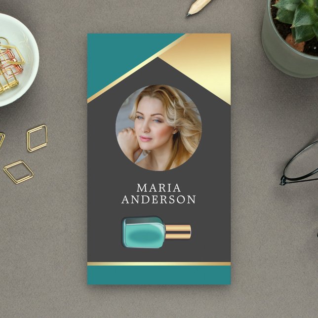 Cartão De Visita Dourado Salon Nail Polonês Bottle Manicurist Foto (Criador carregado)