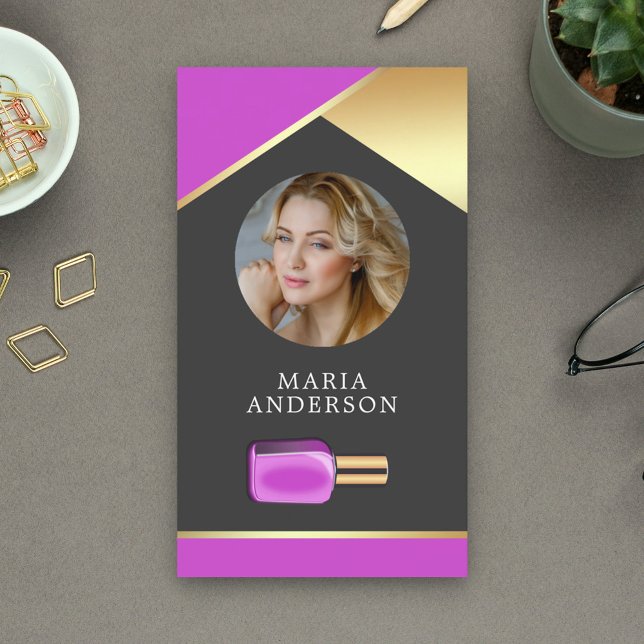 Cartão De Visita Dourado Salon Nail Polonês Bottle Manicurist Foto (Criador carregado)