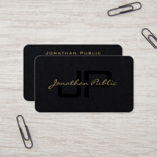 Cartão De Visita Dourado Script de Mão Luminosa Premium Preto