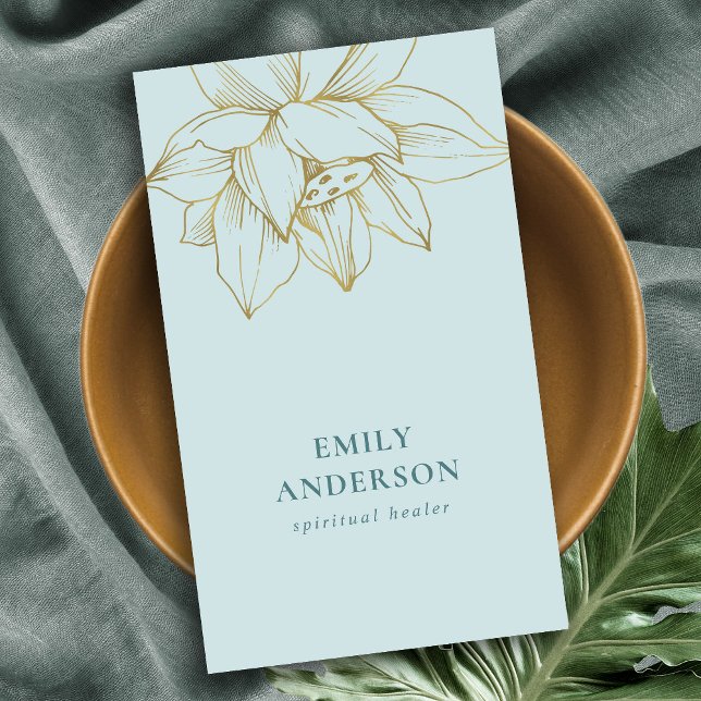 CARTÃO DE VISITA DOURADO TEAL AZUL LOTUS SIMPLES REIKI SPIRITUAL HE (Criador carregado)