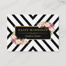 Cartão De Visita Dourado Vintage Floral Black Stripes