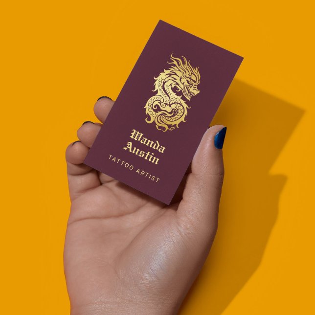 Cartão De Visita Dragão Chinês Borgonha E Tatuador Dourado (Criador carregado)