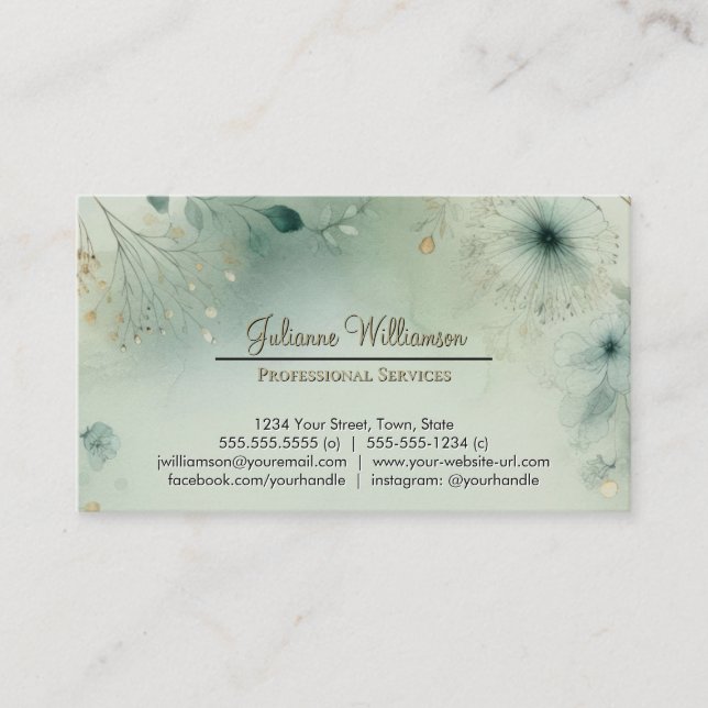 Cartão De Visita Dreamy Sage Green & Gold Watercolor Botanical (Frente)