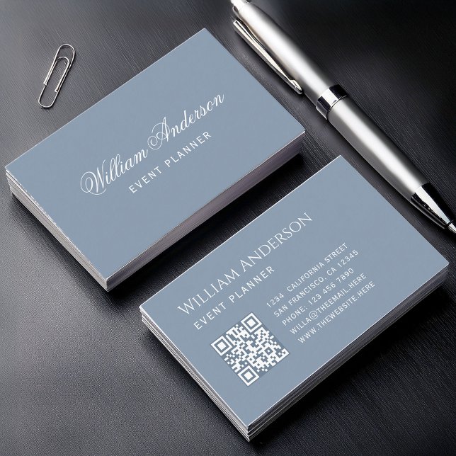 Cartão De Visita Dusty Blue Simple QR Code and Calligraphy  (Criador carregado)