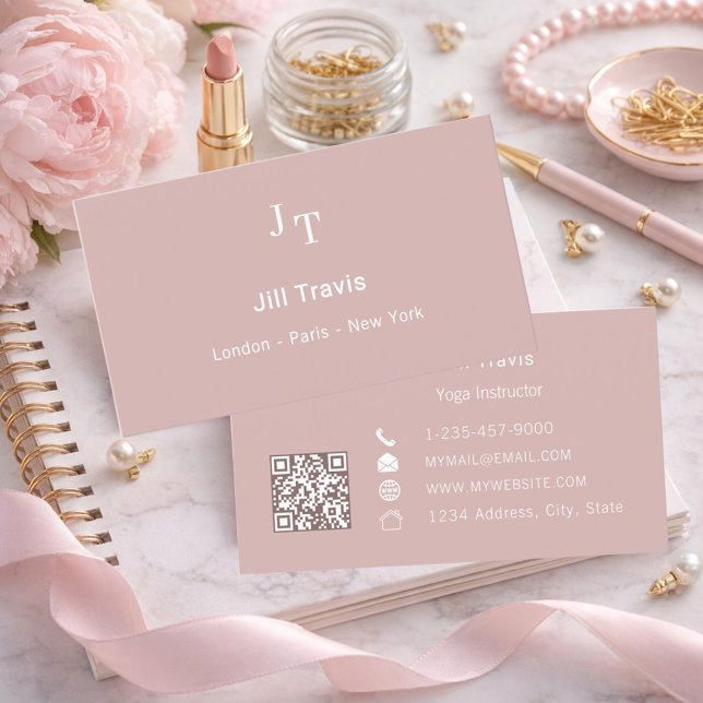 Cartão De Visita Dusty rose pink neutral QR code Business Card (Criador carregado)