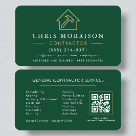 Cartão De Visita Eco General Construction Modern Green Gold QR Code