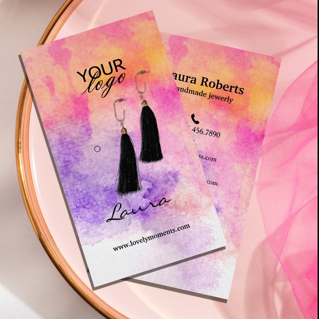 Cartão De Visita Ecrã impermeável pintado à mão (Hand-painted watercolor Colorful Earring Display Business Card #watercolorearringsdisplaycard #chic)