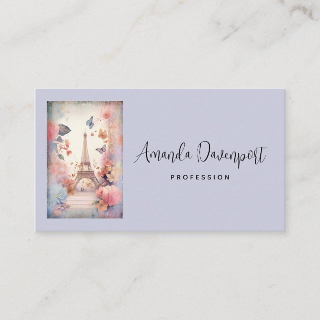 Cartão De Visita Eiffel Tower Butterflies and Flowers Business Card (Frente)