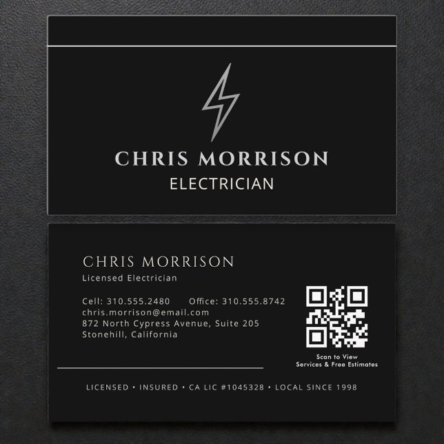 Cartão De Visita Electrician Black & Silver Professional QR Code (Criador carregado)