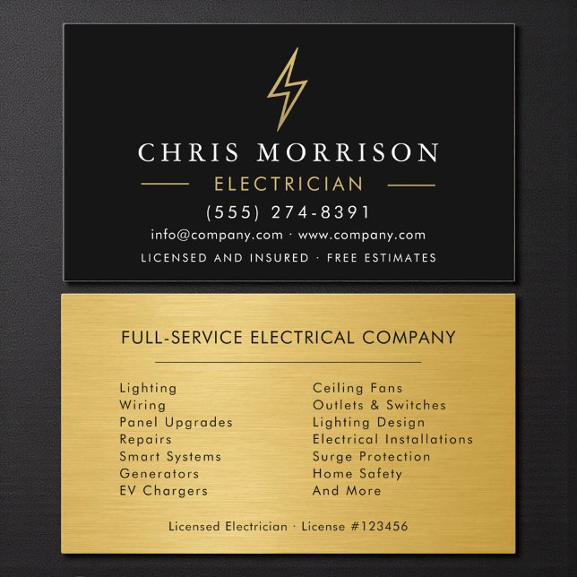 Cartão De Visita Electrician Metal Black Gold Handyman Contractor (Criador carregado)