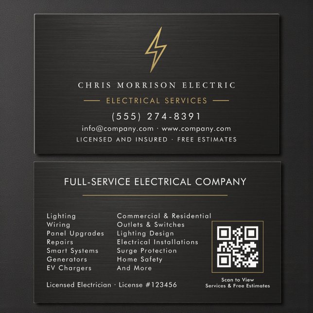 Cartão De Visita Electrician Metallic Black Gold Electrical Service (Criador carregado)